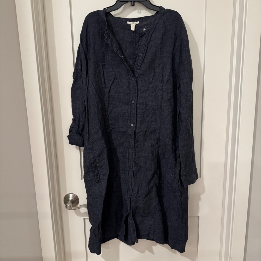 Eileen Fisher Navy Blue 100% Linen Button Front Tunic Shirt Dress Large Pockets